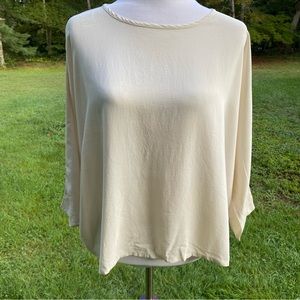 ESKANDAR TOP BLOUSE CREAM SILK BOAT NECKLINE 3/4 SLEEVE DRAPED FIT SIZE 0 6-8